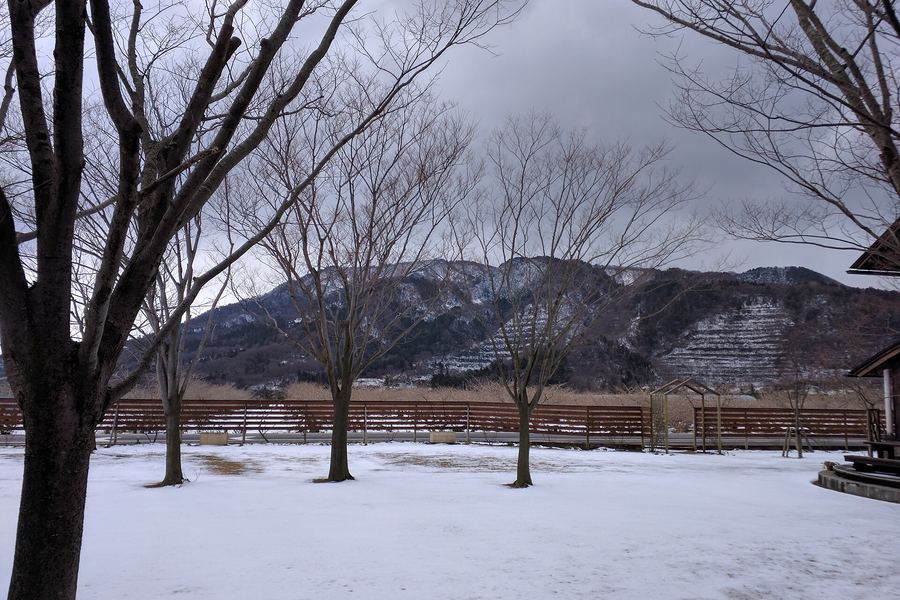 雪の積もった庭に、葉を落とした木が並んでいる。奥の木の柵の向こうには、雪をかぶった山の斜面が見え、空は灰色の雲に覆われている